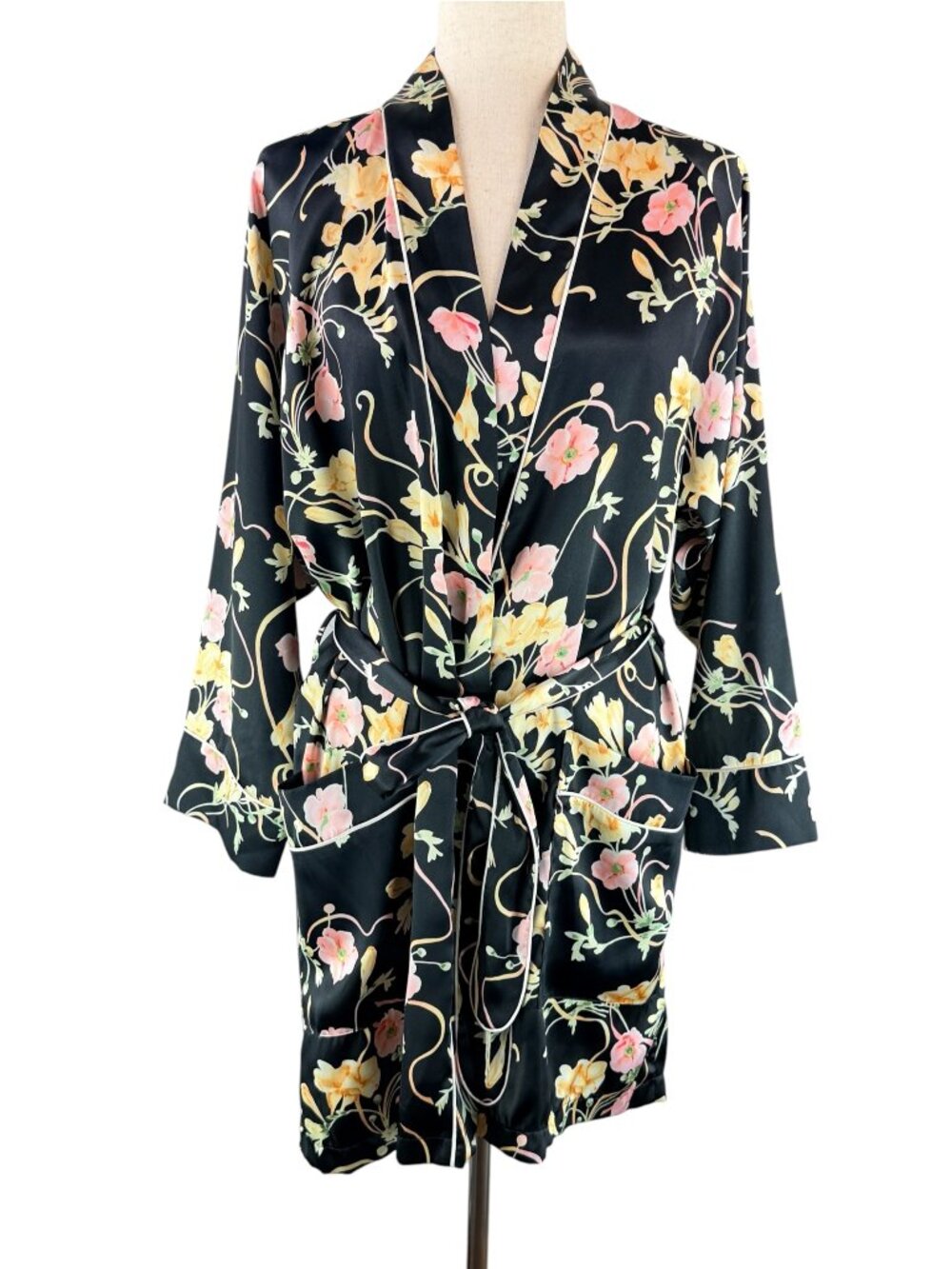 Vintage CHRISTIAN DIOR for Saks Fifth Ave Black Floral Satin Robe Kimono Sz M